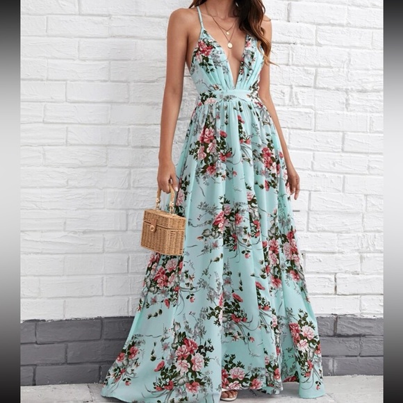 Boho Criss Cross Backless Open Back Floral Print Cami Maxi Dress - Picture 2 of 6